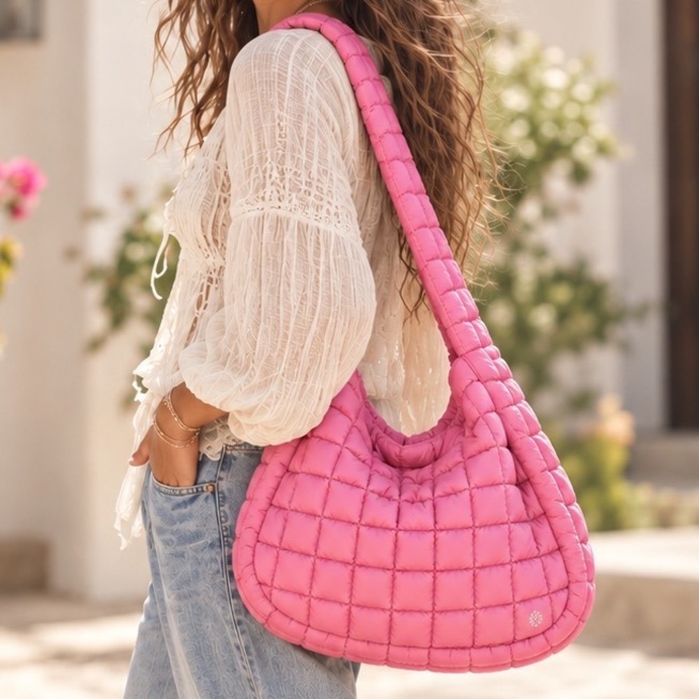 Free People FP Movement Quilted Carryall Bag Bubblegum Pink Hobo NWT